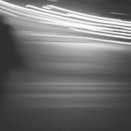 Image similar to a lonely shadowy figure at night, black and white, long exposure, motion blur, 3 5 mm