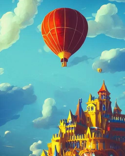 Image similar to flying cloud castle, buildings, baloons, machines, bright, blue sky, mountains, colorful, cinematic lighting, fantasy, high detail, illustration, masterpiece, artstation, 4 k, art by wylie beckert