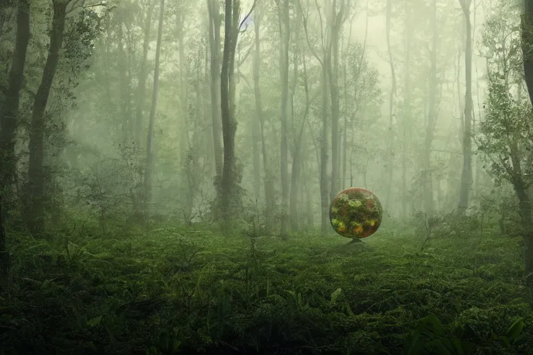 Image similar to a complex organic fractal 3 d ceramic sphere floating in a lush forest, foggy, cinematic shot, photo still from movie by denis villeneuve