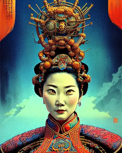 Prompt: chinese empress, character portrait, portrait, close up, concept art, intricate details, highly detailed, ornate, chinese patterns, soft light, vintage sci - fi poster, in the style of chris foss, rodger dean, moebius, michael whelan, and gustave dore