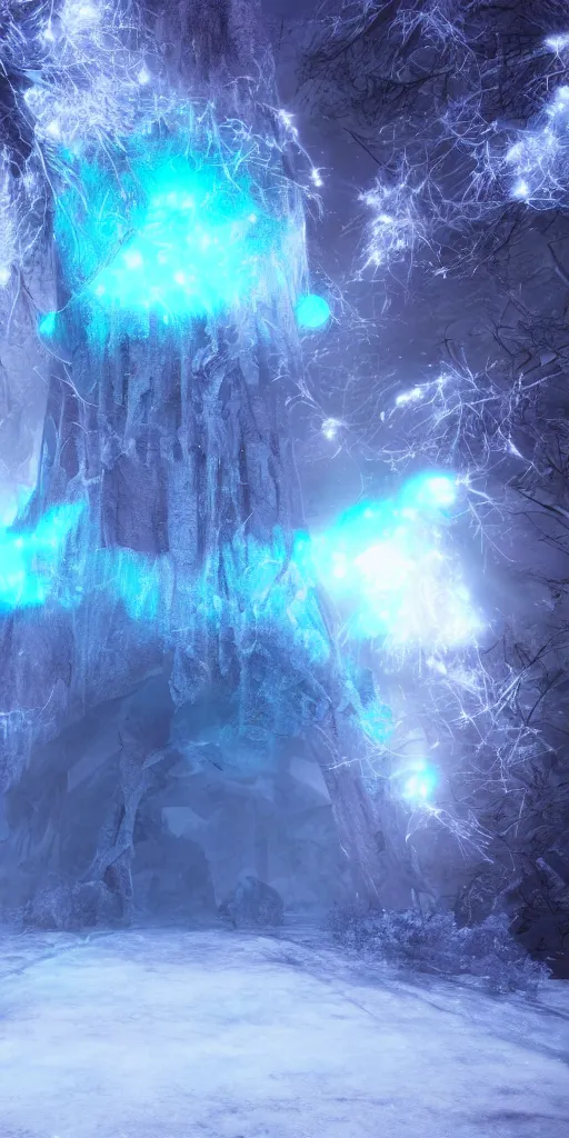 Prompt: interdimensional galaxy portal covered in frost, ice gate, volumetric light, volumetric fog, unreal engine, photorealistic, 8 k