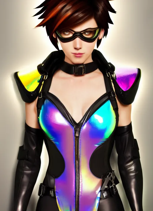 Prompt: portrait bust digital artwork of tracer overwatch, wearing iridescent rainbow latex and leather straps catsuit outfit, 4 k, expressive happy whistling face, makeup, in style of mark arian, angel wings, wearing detailed leather collar, chains, black leather harness, detailed face and eyes,