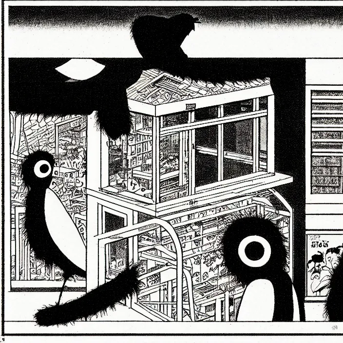 Image similar to a still frame from comic strip, black funny hairy bird 1 9 5 0, hasui kawase, herluf bidstrup, new yorker illustration, monochrome bw, lineart, manga, tadanori yokoo, simplified, isometric blueprint