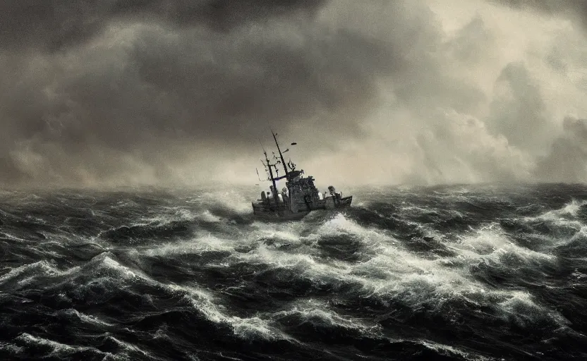 Prompt: middle of the ocean, large waves, battle between two 1800s warships, no land, dark skies, close up shot, at dusk, 4k, rule of thirds, extreme detail, hazy, water splash, intricate ink illustration, surreal, straight horizon, surrealist, trending on artstation, cgsociety, hd, complimentary colours, realistic lighting, by Albert Bierstadt, Frederic Edwin Church.