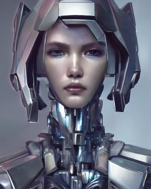 Image similar to the face of a cybernetic fashion model mecha, scifi, ghost in the shell, sensual scifi panels made of metal, elegant, highly detailed panel cuts, greeble detail, caustics and refraction, digital painting, artstation, high tech fantasy, sharp focus, illustration, art by marco plouffe arstation and riot studios and blizzard studios