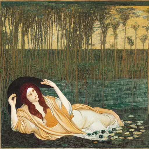 Image similar to ophelia, laying flat submerged in water floating down the river amongst the reeds, fully covered in robes and lake foliage weeds reeds fully clothed in flowing medieval robes, by botticelli devinci rosetti and monet, 8 k