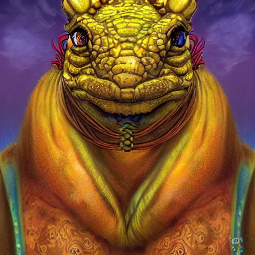 Image similar to portrait of yellow lizard priest, shaman, cult attire, antropomorphic, fantasy digital art, art station