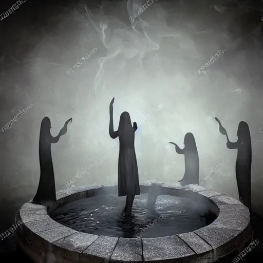 Image similar to the ghosts of the past, present and the future dancing around the fountain of youth and wisdom translucent transparent smoke photorealistic creepy dark foreboding unearthly ghoulish