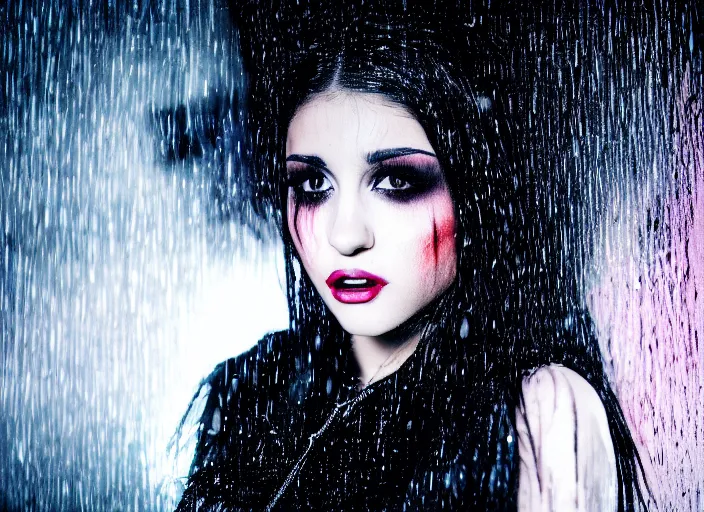 Prompt: closeup portrait of emo vampire goth ariana grande standing in the rain in a dark cyberpunk city, heavy make - up running down face, neon reflections in the puddles, portra 4 0 0 candid photograph portrait by annie leibovitz, 3 5 mm macro shot, f / 3 2, hyperrealistic, cinematic lighting, hd wallpaper, 8 k, 4 k