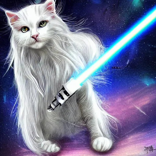 Image similar to long haired white cat in a futurist armor holding a light saber, digital art, fantasy, steampunk