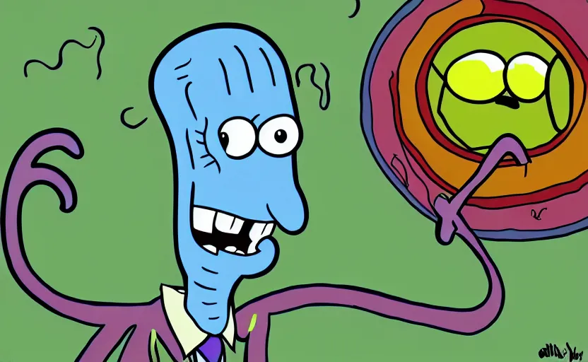 Image similar to squidward from spongebob on acid, digital painting