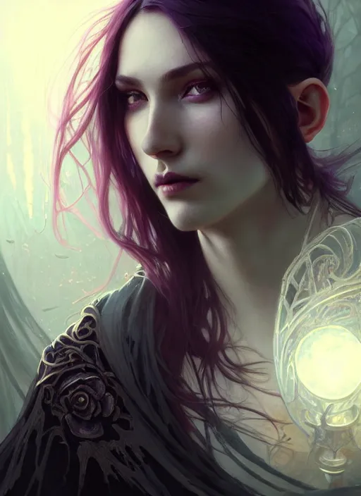 Image similar to a beautiful cinematic female Necromancer Sorceress, fantasy landscape, fantasy magic, undercut hairstyle, dark light night, intricate, elegant, sharp focus, illustration, highly detailed, digital painting, concept art, matte, art by WLOP and Artgerm and Greg Rutkowski and Alphonse Mucha, masterpiece