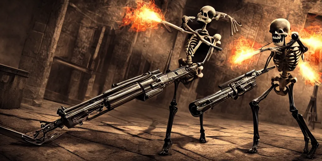 Prompt: skeleton in a pinstripe suit firing a tommy gun, realistic 4 k octane beautifully detailed render, 4 k post - processing, highly detailed, intricate complexity, epic composition, magical atmosphere, cinematic lighting, masterpiece, ultra hd