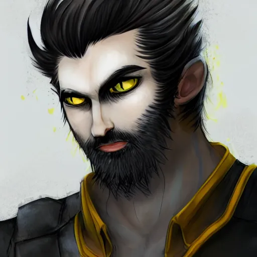 Image similar to Photo of the man with pale ash-colored skin, with yellow cat-eyes with vertical pupils, black thick hair with a touch of gray to the shoulders, with neat stubble, similar to a small beard and with a strong build. He wore a plain old shirt, with a light leather armor, male, elegant, digital fantasy art, hands straight down, insane, under light, Trending on artstation