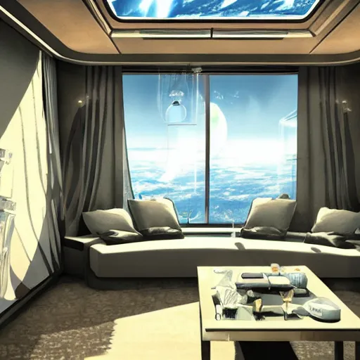 Prompt: a luxury living quarters living room in the 23rd century with a view from a singular window 10km high in space elevator, low contrast, ivan laliashvili, Studio Ghibli and Shinkai Makoto, D render