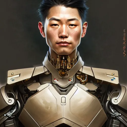 Image similar to ultra realistic illustration, a japanese male cyborg soldier, intricate, elegant, highly detailed, digital painting, artstation, concept art, smooth, sharp focus, illustration, art by artgerm and greg rutkowski and alphonse mucha