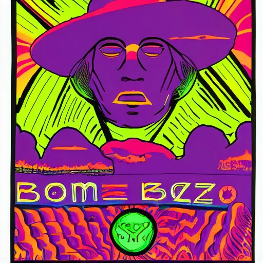 Image similar to Fillmore concert poster for The Bozone April 20, 1969 by Victor Moscoso and S. Clay Wilson, psychedelic, day-glo colors, flowing lettering