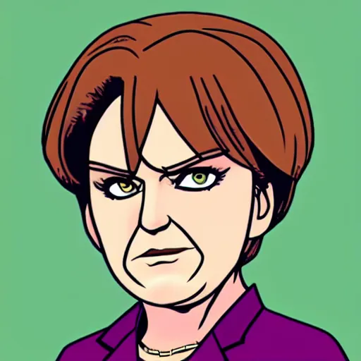Image similar to a JoJos Bizzarre Adventure character looking like angela merkel, color scheme