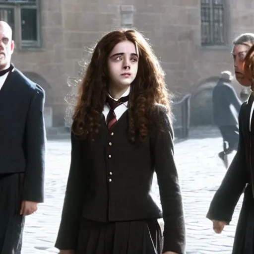 Image similar to Hermionie Granger as minister of magic being escorted from office by a mysterious wizard