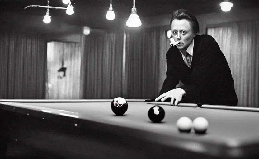 Image similar to Christopher Walken playing billiards and smoking a cigarette in the style of Annie Leibovitz, medium format digital camera, full color, soft lighting, dark, moody, shallow depth of field, highly detailed, photorealistic,