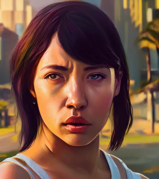 Prompt: highly detailed macro shot of a female portrait with a look of disgust, in gta v, unreal engine, loish, rhads, makoto shinkai and tom bagshaw, reflective global illumination, god rays, detailed and intricate environment