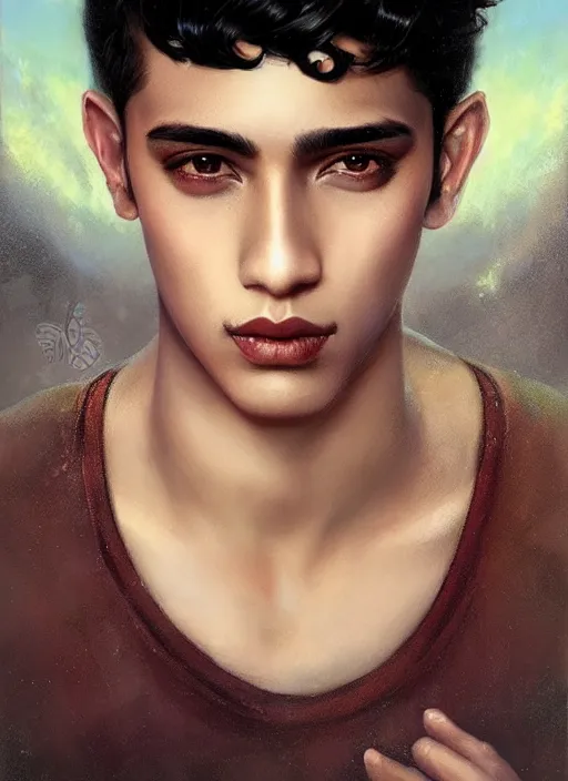 Image similar to a magical portrait of a mexican young male gang member with beautiful brown eyes and short black hair, art by manuel sanjulian and tom bagshaw