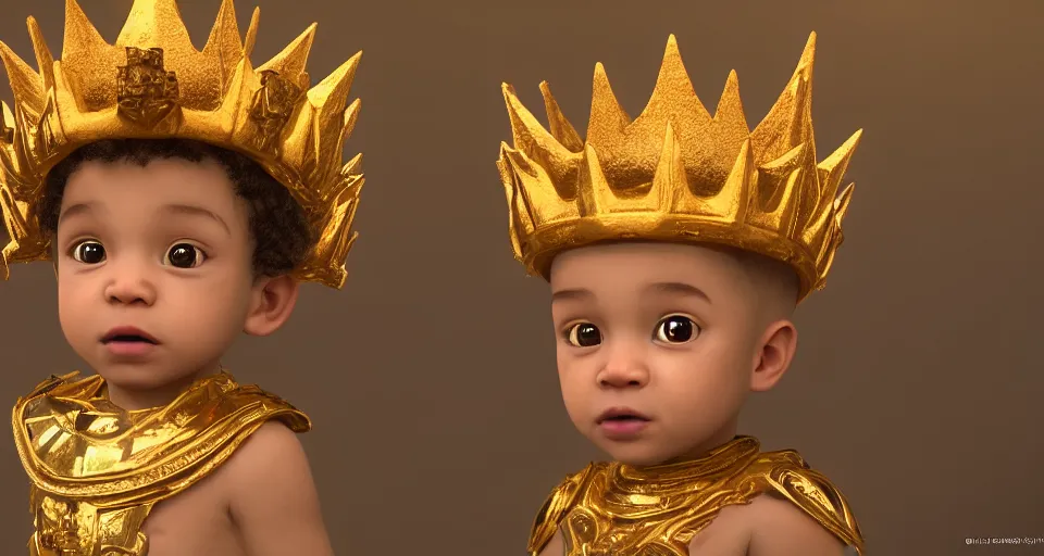 Image similar to One lightskinned baby boy with curly short hair as a king, wearing a golden crown, stunning photo, cinematic lighting, perfect composition, 8K, ultra-detailed , Trending on artstation, Octane render, Unreal Engine, highly detailed,