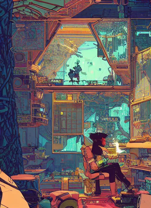 Image similar to explorer with cyberpunk headpiece playing video games in his treehouse, highly detailed, 4 k, midnight, by victo ngai and james gilleard, moebius, laurie greasley, adventure time colour palette