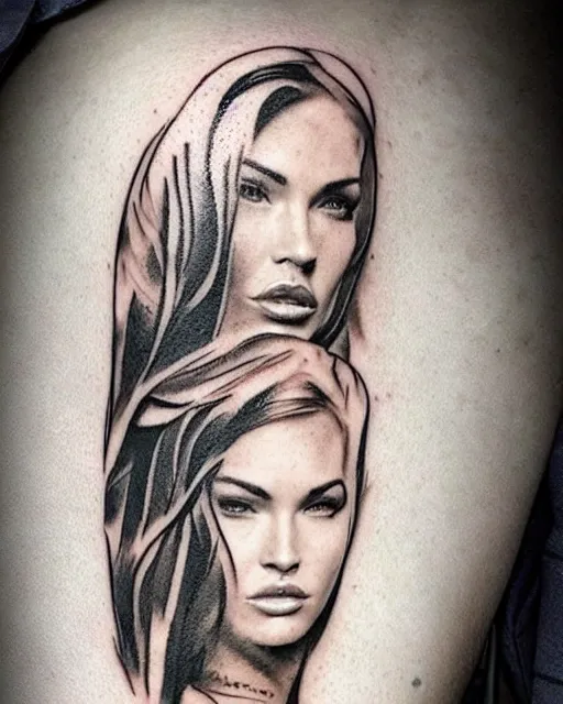 Image similar to double exposure effect tattoo design sketch of megan fox with amazing mountain scenery, realism tattoo, in the style of den yakovlev, amazing detail, sharp