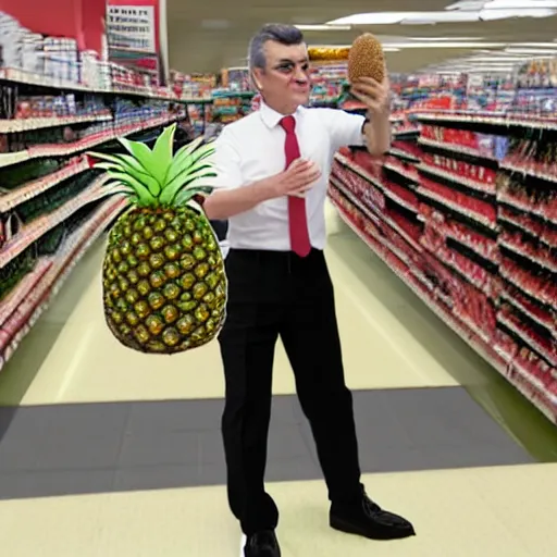 Prompt: rowan atkinson stealing a pineapple from target, realistic photo, uhd