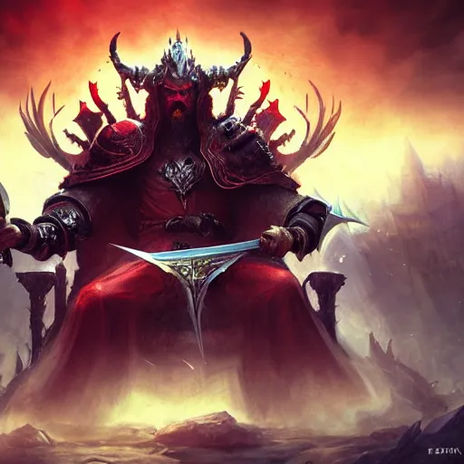 Prompt: Lord from hell on the throne, black eyes, swords, evil face, league of legends wallpapers, piotr jablonski, greg rutkowski