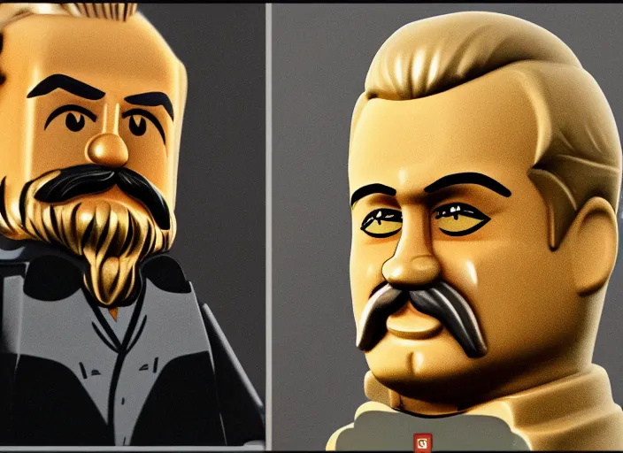 Image similar to hyperdetailed faced of stalin and lenin as lego, unreal engine, lumen, nanite