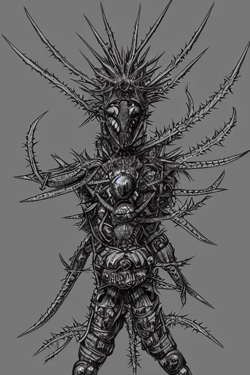 Image similar to thistle humanoid heavily armoured, symmetrical, highly detailed, digital art, needles, thorns, cactus, sharp focus, trending on art station, kentaro miura manga art style