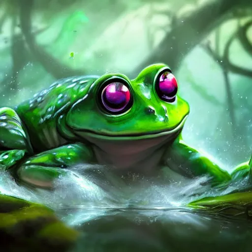 Image similar to beatiful art league of legends splash art of a frog in a swamp