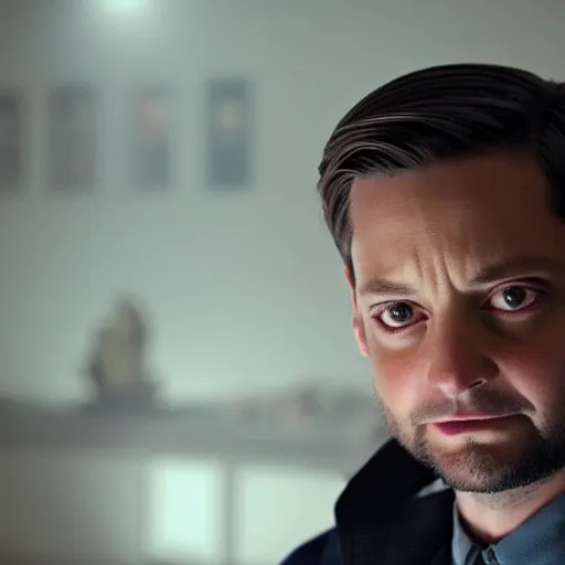 Prompt: tobey maguire as a man with a scruffy beard in a dark blue trenchcoat as the new doctor who, cinematic, volumetric lighting, f 8 aperture, cinematic eastman 5 3 8 4 film, photorealistic