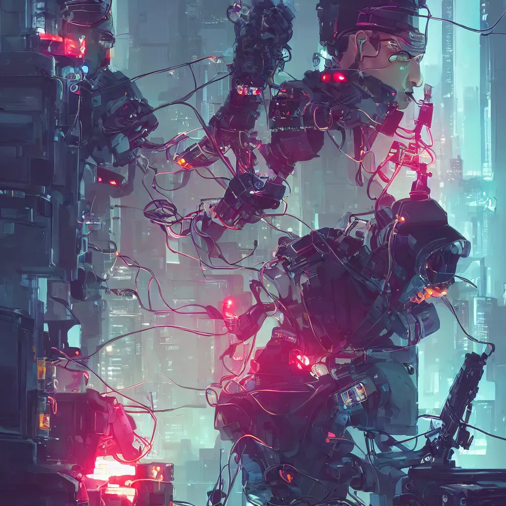 Image similar to cyberpunk hacker with server, lots of wires, art gta 5 cover, official fanart behance hd artstation by jesper ejsing, by rhads, makoto shinkai and lois van baarle, ilya kuvshinov, ossdraws