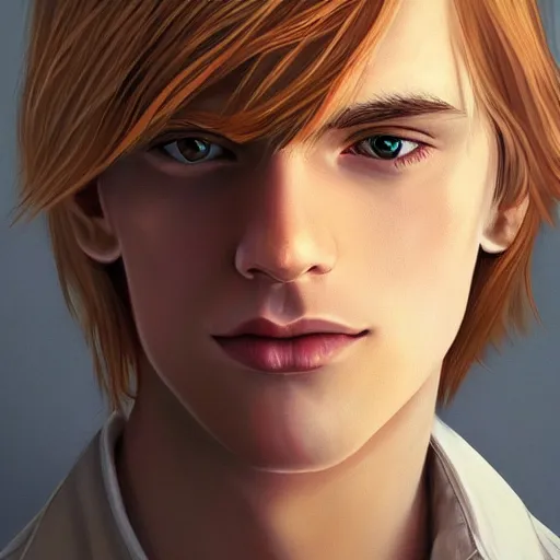 Image similar to a young blond man with long hair wearing a brown shirt, a character portrait by lydia field emmet, trending on cg society, photorealism, wiccan, handsome, ilya kuvshinov