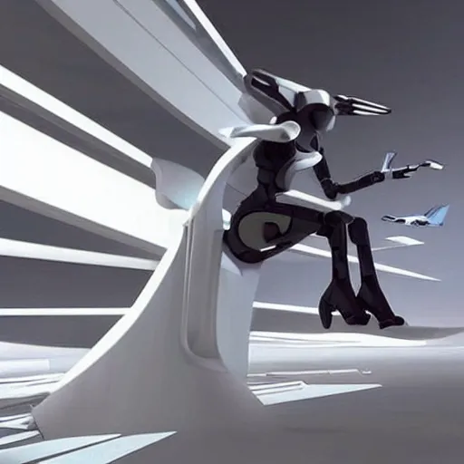 Image similar to robot works and fly in Zaha Hadid in fantasy world