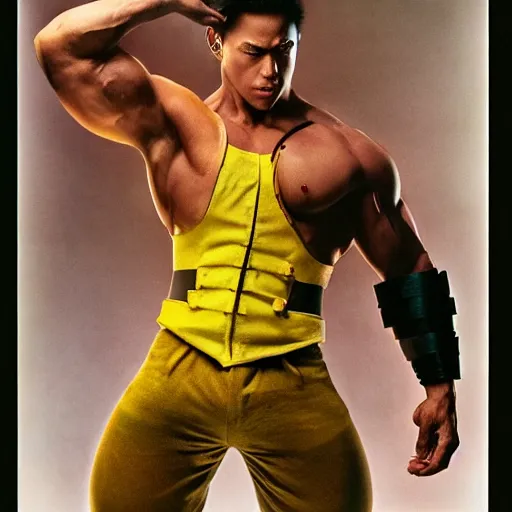 Image similar to muscular man dressed up as Mortal Kombat pikachu art photo by Annie Liebovitz and Alphonse Mucha