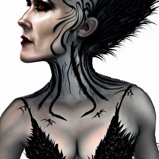 Prompt: jennifer connelly as odile the black swan, gray skin, disney villain, black feathers instead of hair, black feathers growing out of skin, losing control, black feathers growing out of face, black hands with black claws, gothic, highly detailed, comic book cover, mike mignogna, david mack, trending on artstation