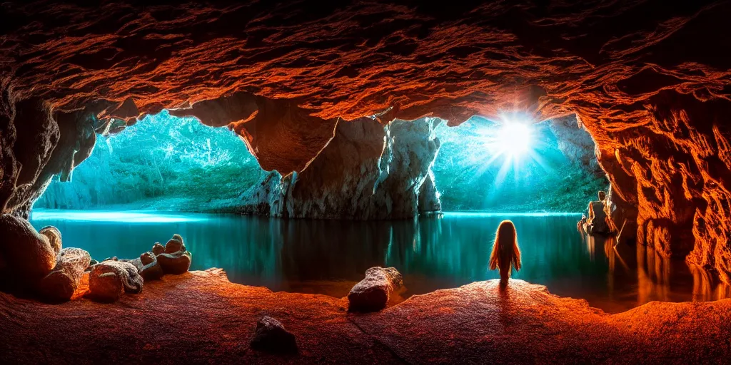 Image similar to lake in underground cave landscape. cave. cavern. fantasy magic style. highly detailed 8 k. intricate. lifelike. epic. movie poster. soft light. volumetric light. sony a 7 r iv 5 5 mm. cinematic post - processing