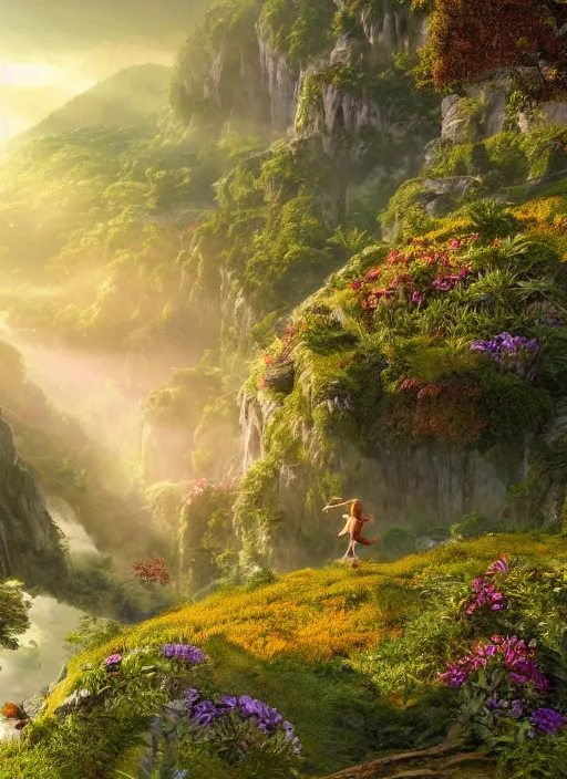 Prompt: a fairy flying in the distance in a lord of the rings scenery landscape, a vast lush valley flowers and wood structures, stream, sunrise, god's rays highly detailed, vivid color, cinematic lighting, perfect composition, 8 k, gustave dore, derek zabrocki, greg rutkowski, belsinski, octane render