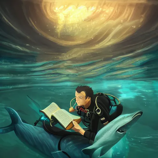 Image similar to man with a vintage diving suit reading a book underwater with sharks around him in the style of makoto shinkai, digital painting, good composition, godrays, trending on art station, high detail