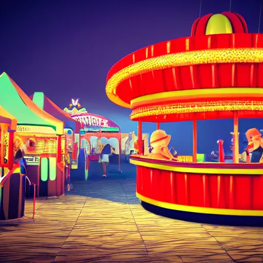 Prompt: floating ticket booth at a carnival. artstation, artgem, 4 k render, digital painting, nighttime, smooth gradients