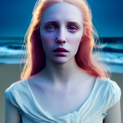 Image similar to photographic portrait of a stunningly beautiful english renaissance female in soft dreamy light at sunset, beside the sea, soft focus, contemporary fashion shoot, in a denis villeneuve and tim burton movie, by edward robert hughes, annie leibovitz and steve mccurry, david lazar, jimmy nelsson, extremely detailed, breathtaking, hyperrealistic, perfect face, octane render