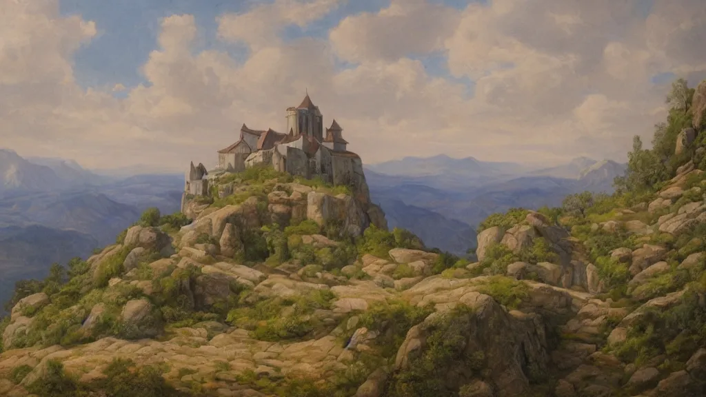 Prompt: detailed naturalism landscape painting of a monastery on the top of a rough, steep mountain with great view on other mountains, epic, no trees, no foliage, realistic light, epic