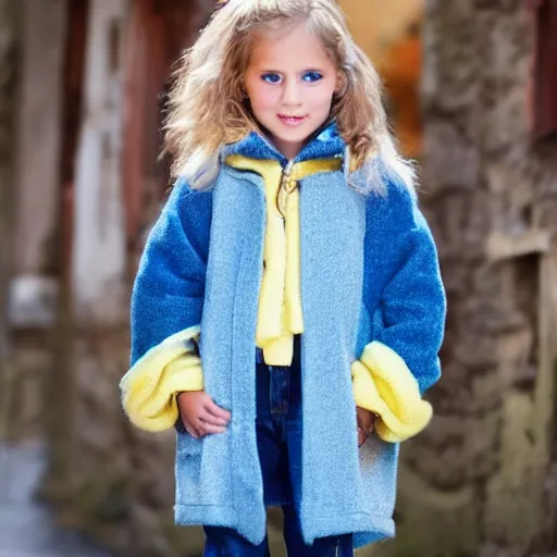 Image similar to a little portuguese girl with white - fair!!!!! skin, dirty blonde hair and blue eyes, wearing a disney land coat and blue jeans, 4 k, 8 k, photorealistic facial features