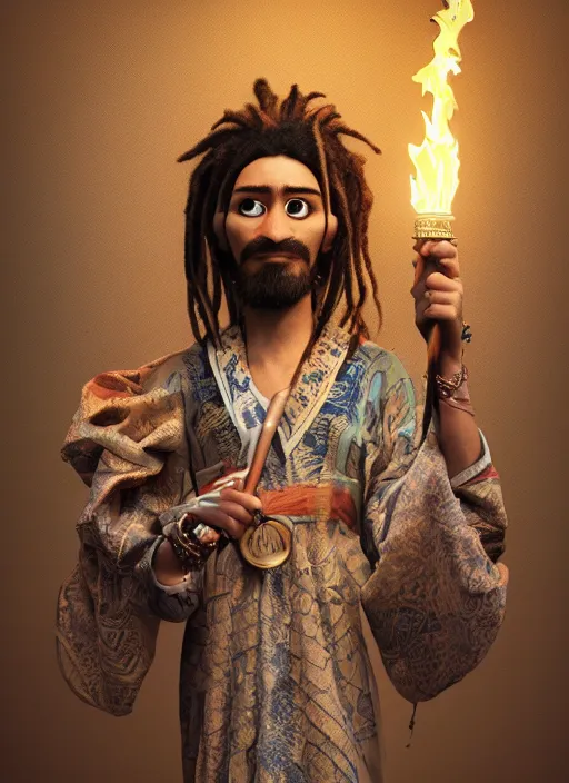 Image similar to an anthropomorphic beautiful male wizard portrait holding torch wearing batik robe, dreadlock breed hair, fine art, award winning, intricate, elegant, sharp focus, octane render, hyperrealistic, cinematic lighting, highly detailed, digital painting, 8 k concept art, art by jamie hewlett and z. w. gu, masterpiece, trending on artstation, 8 k