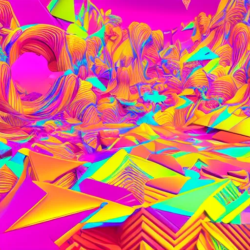 Prompt: Detailed abstract rendering and digital dynamic painting of geometrical paradise random psychedelic by Pascal Blanché and James Gurney, vibrant and vivid, smooth, soft, high contrast, HDR, 4k, geometrical shapes, mathematical, procedural, octane, hyperrealistic