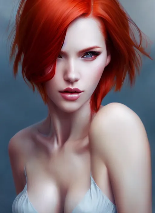 Image similar to photo of gorgeous woman with half white half red hair in the style of stefan kostic, realistic, half body shot, sharp focus, 8 k high definition, insanely detailed, intricate, elegant, art by stanley lau and artgerm, foggy backgeound